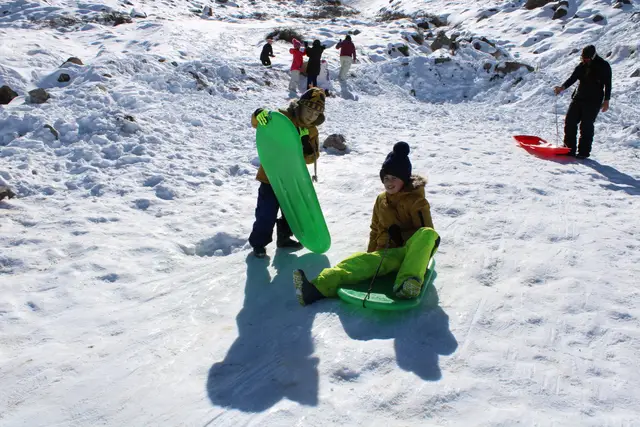 Niño deslizándose en un trineo verde por la nieve