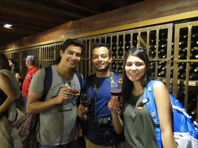 Tres viajeros brindando con vino tinto en la cava